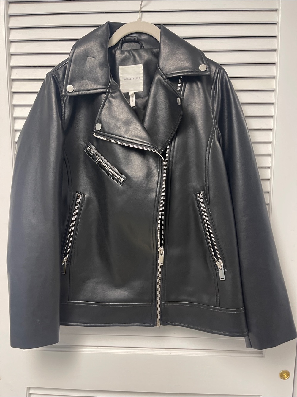 Avec Les Filles Black Leather Moto Jacket with Silver Hardware. NWT